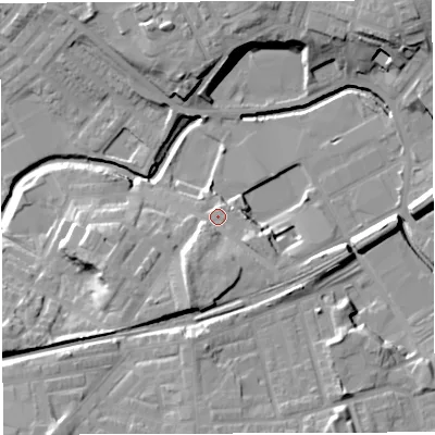 Shaded relief map of the ground around BB22QG, computed from Environment Agency LiDAR. The ground here sits at about 99 m above sea level and falls 22 m across the surrounding 800 m. Surface water reaching this point runs off ground lying to the south-south-west, 8.2 m higher.