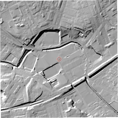 Shaded relief map of the ground around BB22QH, computed from Environment Agency LiDAR. The ground here sits at about 96 m above sea level and falls 21 m across the surrounding 800 m. Surface water reaching this point runs off ground lying to the south-east, 1.5 m higher.