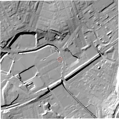 Shaded relief map of the ground around BB22QR, computed from Environment Agency LiDAR. The ground here sits at about 96 m above sea level and falls 25 m across the surrounding 800 m. Surface water reaching this point runs off ground lying to the north-north-east, 12.3 m higher.