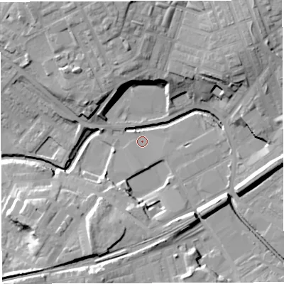 Shaded relief map of the ground around BB22QU, computed from Environment Agency LiDAR. The ground here sits at about 95 m above sea level and falls 22 m across the surrounding 800 m. Surface water reaching this point runs off ground lying to the east, 2.3 m higher.