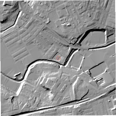 Shaded relief map of the ground around BB22QY, computed from Environment Agency LiDAR. The ground here sits at about 93 m above sea level and falls 23 m across the surrounding 800 m. Surface water reaching this point runs off ground lying to the north, 6.0 m higher.