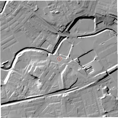 Shaded relief map of the ground around BB22QZ, computed from Environment Agency LiDAR. The ground here sits at about 96 m above sea level and falls 21 m across the surrounding 800 m. Surface water reaching this point runs off ground lying to the south, 10.6 m higher.