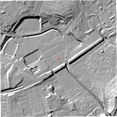 Shaded relief map of the ground around BB22RP, computed from Environment Agency LiDAR. The ground here sits at about 96 m above sea level and falls 22 m across the surrounding 800 m. The ground contributing surface water to this point lies to the south-east.