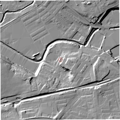 Shaded relief map of the ground around BB22RY, computed from Environment Agency LiDAR. The ground here sits at about 97 m above sea level and falls 26 m across the surrounding 800 m. Surface water reaching this point runs off ground lying to the south-south-west, 13.5 m higher.