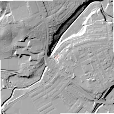 Shaded relief map of the ground around BB22SQ, computed from Environment Agency LiDAR. The ground here sits at about 98 m above sea level and falls 35 m across the surrounding 800 m. Surface water reaching this point runs off ground lying to the east-north-east, 14.8 m higher.