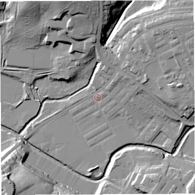 Shaded relief map of the ground around BB22ST, computed from Environment Agency LiDAR. The ground here sits at about 94 m above sea level and falls 29 m across the surrounding 800 m. Surface water reaching this point runs off ground lying to the north, 21.8 m higher.