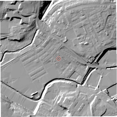 Shaded relief map of the ground around BB22SX, computed from Environment Agency LiDAR. The ground here sits at about 95 m above sea level and falls 24 m across the surrounding 800 m. Surface water reaching this point runs off ground lying to the north-north-east, 7.7 m higher.