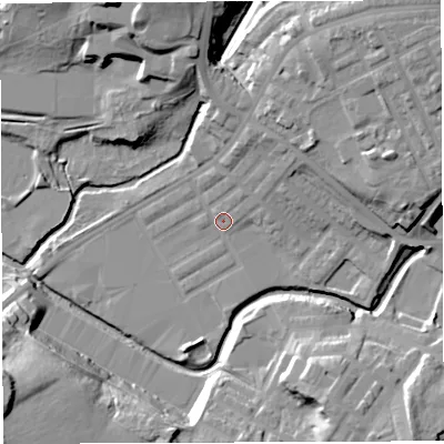 Shaded relief map of the ground around BB22SY, computed from Environment Agency LiDAR. The ground here sits at about 93 m above sea level and falls 25 m across the surrounding 800 m. Surface water reaching this point runs off ground lying to the north-east, 19.5 m higher.