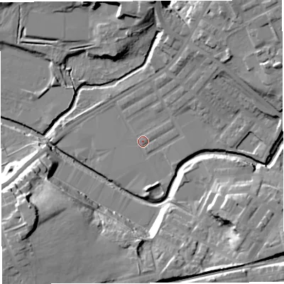 Shaded relief map of the ground around BB22TA, computed from Environment Agency LiDAR. The ground here sits at about 92 m above sea level and falls 25 m across the surrounding 800 m. Surface water reaching this point runs off ground lying to the north-east, 4.5 m higher.