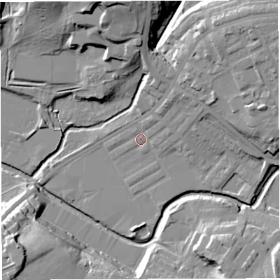 Shaded relief map of the ground around BB22TB, computed from Environment Agency LiDAR. The ground here sits at about 93 m above sea level and falls 25 m across the surrounding 800 m. Surface water reaching this point runs off ground lying to the north-east, 19.0 m higher.