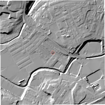 Shaded relief map of the ground around BB22TH, computed from Environment Agency LiDAR. The ground here sits at about 95 m above sea level and falls 24 m across the surrounding 800 m. Surface water reaching this point runs off ground lying to the north-north-west, 6.7 m higher.