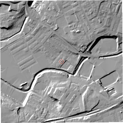 Shaded relief map of the ground around BB22TJ, computed from Environment Agency LiDAR. The ground here sits at about 94 m above sea level and falls 24 m across the surrounding 800 m. Surface water reaching this point runs off ground lying to the north-north-east, 6.0 m higher.