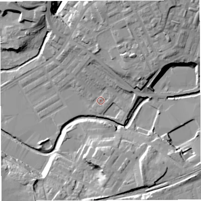 Shaded relief map of the ground around BB22TL, computed from Environment Agency LiDAR. The ground here sits at about 94 m above sea level and falls 24 m across the surrounding 800 m. Surface water reaching this point runs off ground lying to the north, 8.6 m higher.