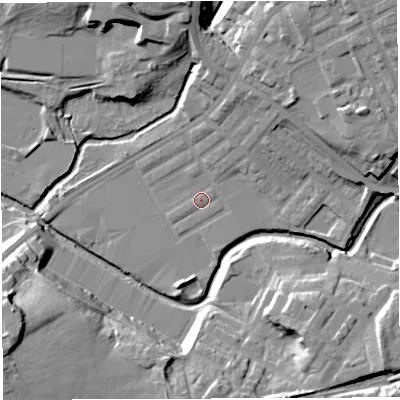 Shaded relief map of the ground around BB22TN, computed from Environment Agency LiDAR. The ground here sits at about 93 m above sea level and falls 25 m across the surrounding 800 m. Surface water reaching this point runs off ground lying to the north-east, 19.7 m higher.