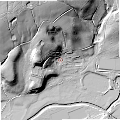Shaded relief map of the ground around BB22TP, computed from Environment Agency LiDAR. The ground here sits at about 96 m above sea level and falls 66 m across the surrounding 800 m. Surface water reaching this point runs off ground lying to the north-north-west, 54.5 m higher.