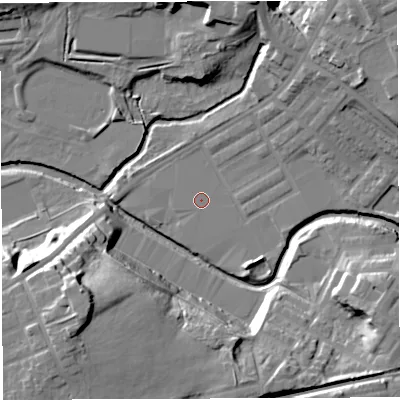 Shaded relief map of the ground around BB22TU, computed from Environment Agency LiDAR. The ground here sits at about 91 m above sea level and falls 26 m across the surrounding 800 m. Surface water reaching this point runs off ground lying to the south-east, 0.5 m higher.