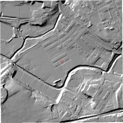 Shaded relief map of the ground around BB22TW, computed from Environment Agency LiDAR. The ground here sits at about 92 m above sea level and falls 25 m across the surrounding 800 m. Surface water reaching this point runs off ground lying to the north-east, 4.0 m higher.