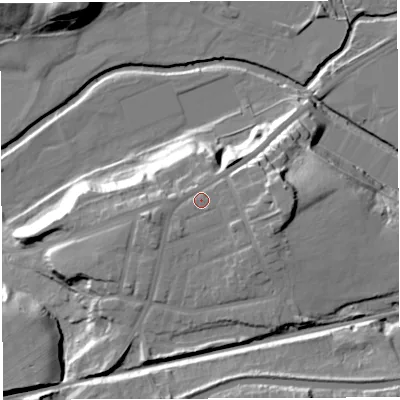 Shaded relief map of the ground around BB22TX, computed from Environment Agency LiDAR. The ground here sits at about 107 m above sea level and falls 31 m across the surrounding 800 m. Surface water reaching this point runs off ground lying to the south-east, 3.3 m higher.