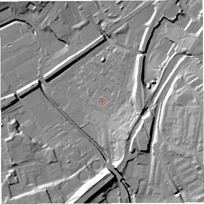 Shaded relief map of the ground around BB24AU, computed from Environment Agency LiDAR. The ground here sits at about 101 m above sea level and falls 38 m across the surrounding 800 m. Surface water reaching this point runs off ground lying to the east-south-east, 14.2 m higher.
