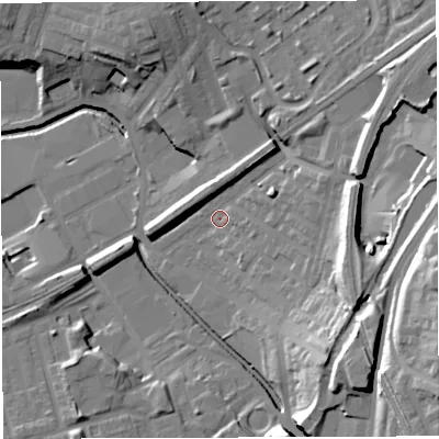 Shaded relief map of the ground around BB24AW, computed from Environment Agency LiDAR. The ground here sits at about 98 m above sea level and falls 33 m across the surrounding 800 m. Surface water reaching this point runs off ground lying to the east, 19.7 m higher.