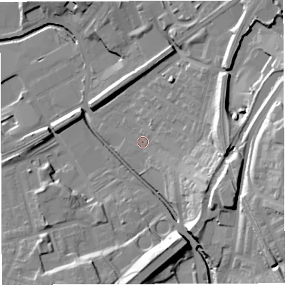 Shaded relief map of the ground around BB24AY, computed from Environment Agency LiDAR. The ground here sits at about 98 m above sea level and falls 34 m across the surrounding 800 m. Surface water reaching this point runs off ground lying to the south-east, 15.4 m higher.