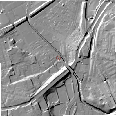 Shaded relief map of the ground around BB24BE, computed from Environment Agency LiDAR. The ground here sits at about 99 m above sea level and falls 36 m across the surrounding 800 m. Surface water reaching this point runs off ground lying to the south-west, 18.4 m higher.