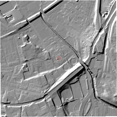 Shaded relief map of the ground around BB24BH, computed from Environment Agency LiDAR. The ground here sits at about 101 m above sea level and falls 29 m across the surrounding 800 m. Surface water reaching this point runs off ground lying to the west-south-west, 1.4 m higher.