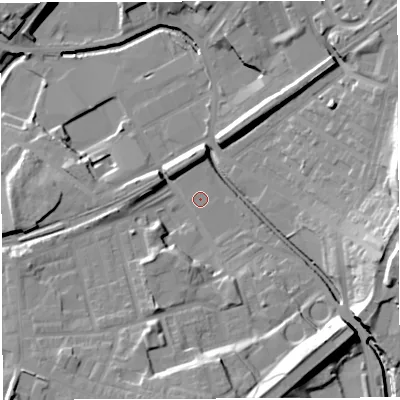 Shaded relief map of the ground around BB24BJ, computed from Environment Agency LiDAR. The ground here sits at about 97 m above sea level and falls 25 m across the surrounding 800 m. The ground contributing surface water to this point lies to the west.