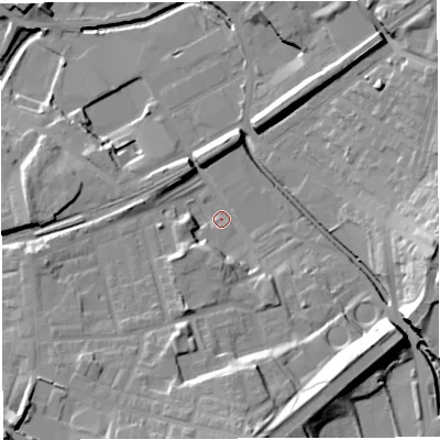 Shaded relief map of the ground around BB24BL, computed from Environment Agency LiDAR. The ground here sits at about 97 m above sea level and falls 24 m across the surrounding 800 m. Surface water reaching this point runs off ground lying to the south-west, 8.6 m higher.