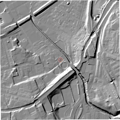 Shaded relief map of the ground around BB24BQ, computed from Environment Agency LiDAR. The ground here sits at about 99 m above sea level and falls 34 m across the surrounding 800 m. Surface water reaching this point runs off ground lying to the south-south-west, 15.6 m higher.