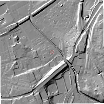 Shaded relief map of the ground around BB24EE, computed from Environment Agency LiDAR. The ground here sits at about 99 m above sea level and falls 33 m across the surrounding 800 m. Surface water reaching this point runs off ground lying to the south-west, 1.8 m higher.