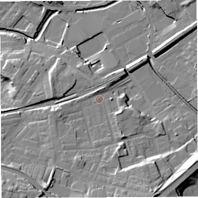 Shaded relief map of the ground around BB24ET, computed from Environment Agency LiDAR. The ground here sits at about 101 m above sea level and falls 28 m across the surrounding 800 m. Surface water reaching this point runs off ground lying to the south-south-west, 7.8 m higher.