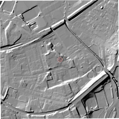 Shaded relief map of the ground around BB24GT, computed from Environment Agency LiDAR. The ground here sits at about 103 m above sea level and falls 25 m across the surrounding 800 m. Surface water reaching this point runs off ground lying to the south-west, 4.1 m higher.