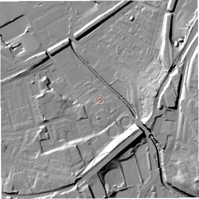 Shaded relief map of the ground around BB24HT, computed from Environment Agency LiDAR. The ground here sits at about 99 m above sea level and falls 29 m across the surrounding 800 m. Surface water reaching this point runs off ground lying to the south, 2.2 m higher.
