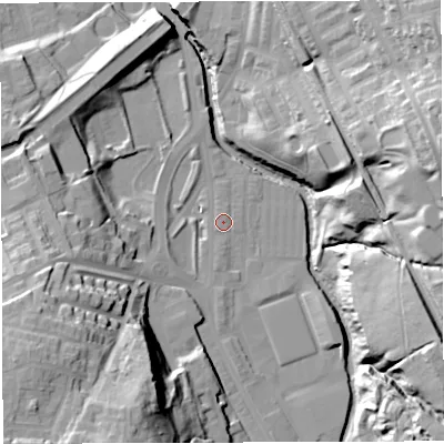 Shaded relief map of the ground around BB24HU, computed from Environment Agency LiDAR. The ground here sits at about 103 m above sea level and falls 45 m across the surrounding 800 m. Surface water reaching this point runs off ground lying to the south, 1.0 m higher.