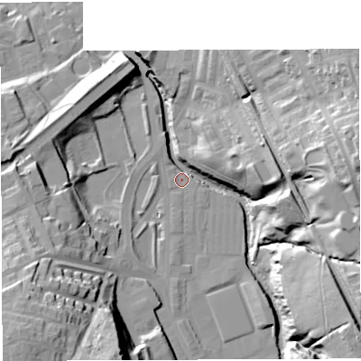 Shaded relief map of the ground around BB24HX, computed from Environment Agency LiDAR. The ground here sits at about 102 m above sea level and falls 45 m across the surrounding 800 m. Surface water reaching this point runs off ground lying to the east, 38.6 m higher.