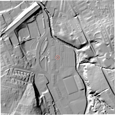 Shaded relief map of the ground around BB24JA, computed from Environment Agency LiDAR. The ground here sits at about 103 m above sea level and falls 46 m across the surrounding 800 m. Surface water reaching this point runs off ground lying to the west, 0.7 m higher.