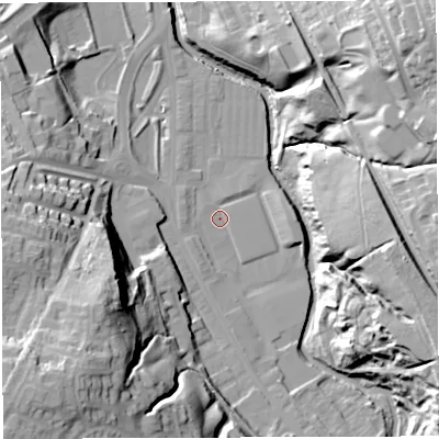 Shaded relief map of the ground around BB24JF, computed from Environment Agency LiDAR. The ground here sits at about 103 m above sea level and falls 46 m across the surrounding 800 m. Surface water reaching this point runs off ground lying to the south, 3.8 m higher.