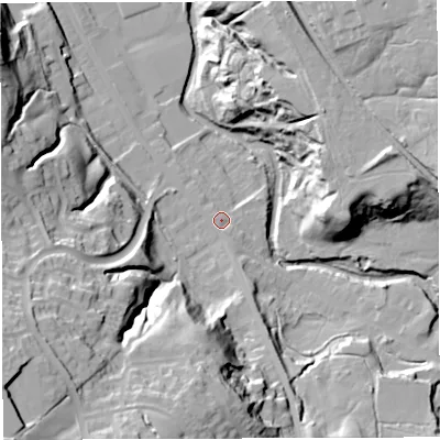 Shaded relief map of the ground around BB24JT, computed from Environment Agency LiDAR. The ground here sits at about 108 m above sea level and falls 52 m across the surrounding 800 m. Surface water reaching this point runs off ground lying to the south-south-west, 38.2 m higher.