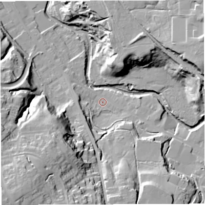 Shaded relief map of the ground around BB24JZ, computed from Environment Agency LiDAR. The ground here sits at about 108 m above sea level and falls 51 m across the surrounding 800 m. Surface water reaching this point runs off ground lying to the south, 26.8 m higher.