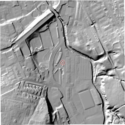 Shaded relief map of the ground around BB24UW, computed from Environment Agency LiDAR. The ground here sits at about 102 m above sea level and falls 43 m across the surrounding 800 m. Surface water reaching this point runs off ground lying to the south-south-west, 33.8 m higher.