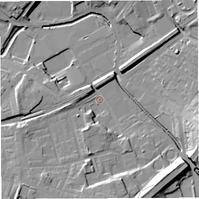 Shaded relief map of the ground around BB24UX, computed from Environment Agency LiDAR. The ground here sits at about 97 m above sea level and falls 22 m across the surrounding 800 m. Surface water reaching this point runs off ground lying to the south-west, 12.5 m higher.