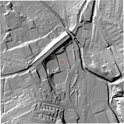 Shaded relief map of the ground around BB24UY, computed from Environment Agency LiDAR. The ground here sits at about 102 m above sea level and falls 37 m across the surrounding 800 m. Surface water reaching this point runs off ground lying to the south-south-west, 30.6 m higher.