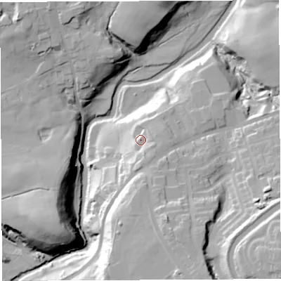 Shaded relief map of the ground around BB25PP, computed from Environment Agency LiDAR. The ground here sits at about 100 m above sea level and falls 43 m across the surrounding 800 m. Surface water reaching this point runs off ground lying to the south-south-east, 7.8 m higher.