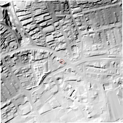 Shaded relief map of the ground around BB26AE, computed from Environment Agency LiDAR. The ground here sits at about 123 m above sea level and falls 63 m across the surrounding 800 m. Surface water reaching this point runs off ground lying to the north-west, 3.4 m higher.