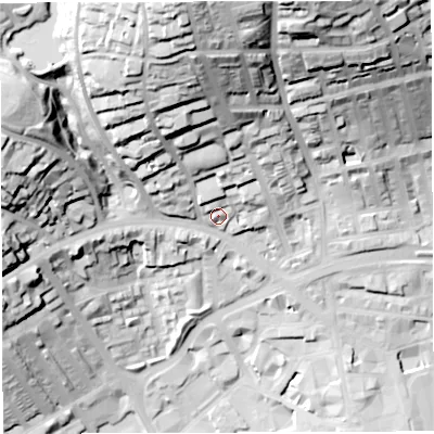 Shaded relief map of the ground around BB26AH, computed from Environment Agency LiDAR. The ground here sits at about 129 m above sea level and falls 73 m across the surrounding 800 m. Surface water reaching this point runs off ground lying to the north-north-west, 7.8 m higher.