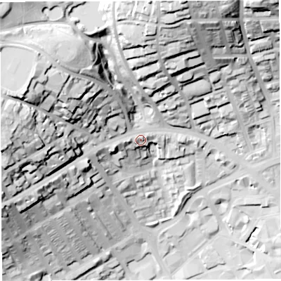 Shaded relief map of the ground around BB26AY, computed from Environment Agency LiDAR. The ground here sits at about 132 m above sea level and falls 70 m across the surrounding 800 m. Surface water reaching this point runs off ground lying to the west-north-west, 37.8 m higher.