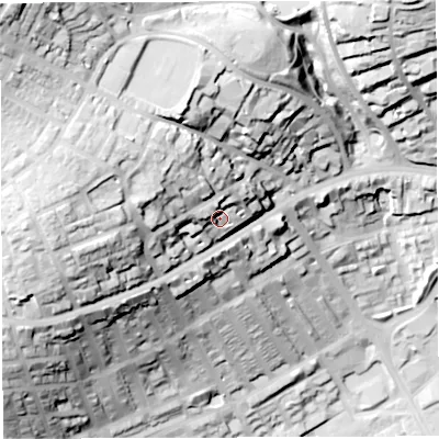 Shaded relief map of the ground around BB26BH, computed from Environment Agency LiDAR. The ground here sits at about 150 m above sea level and falls 86 m across the surrounding 800 m. Surface water reaching this point runs off ground lying to the north-west, 16.7 m higher.