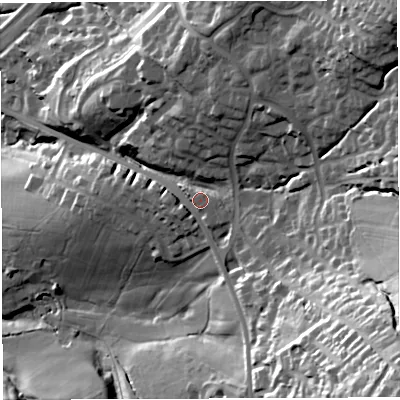 Shaded relief map of the ground around BB27AJ, computed from Environment Agency LiDAR. The ground here sits at about 151 m above sea level and falls 77 m across the surrounding 800 m. Surface water reaching this point runs off ground lying to the south-east, 45.0 m higher.