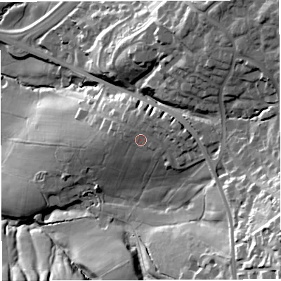 Shaded relief map of the ground around BB27AR, computed from Environment Agency LiDAR. The ground here sits at about 145 m above sea level and falls 62 m across the surrounding 800 m. Surface water reaching this point runs off ground lying to the east-north-east, 5.4 m higher.